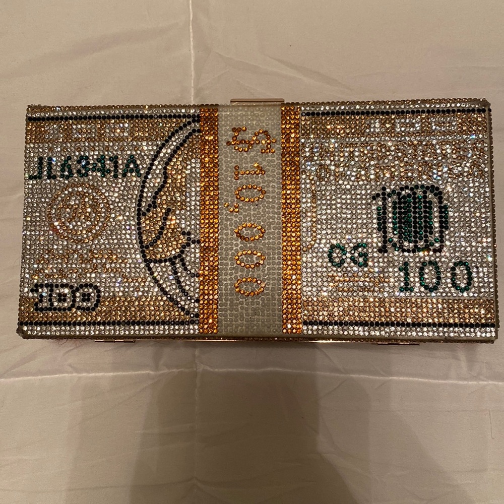 10,000 , 100 Dollar Bill Diamond Clutch With Chain / Crossbody Clutch .